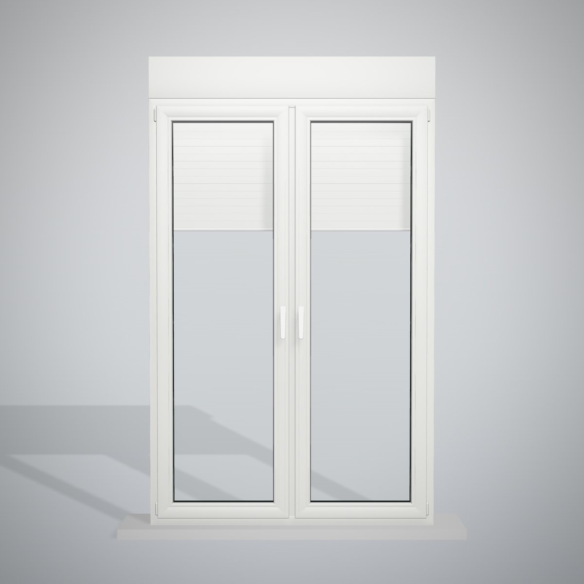 Balconera de PVC blanca de 140 × 210 cm, 2 hojas oscilobatientes con parteluz central, con cajón de persiana, vista de frente