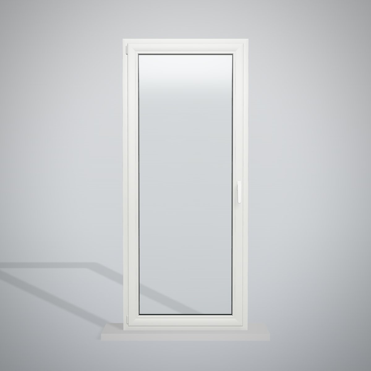 Balconera de PVC blanca de 90 × 210 cm, 1 hoja oscilobatiente, vista de frente