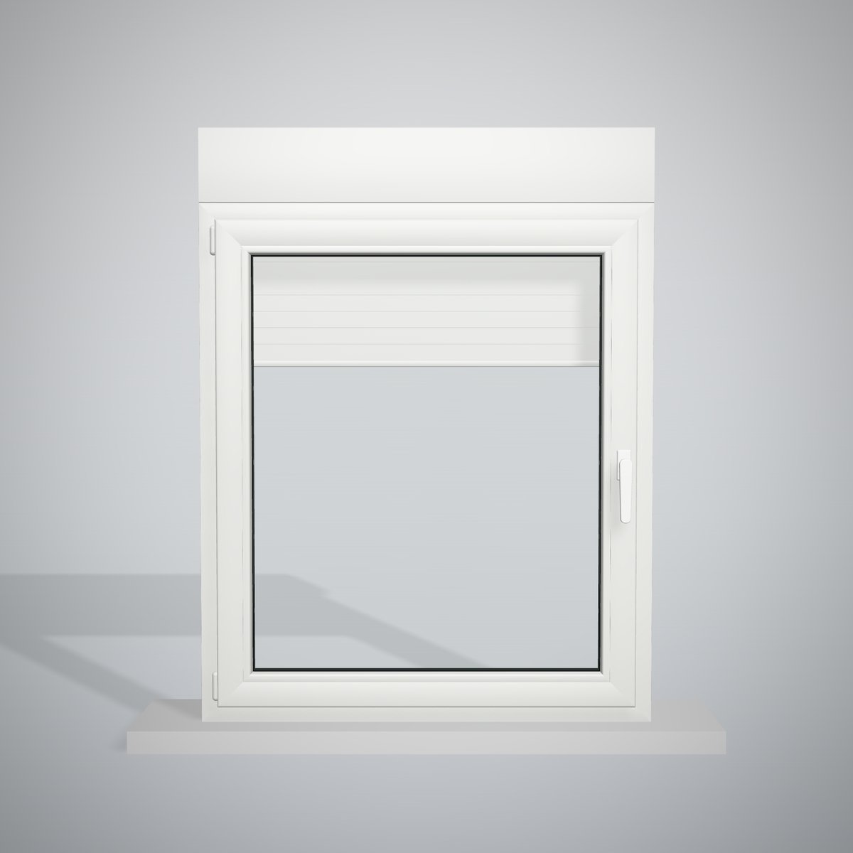 Ventana de PVC blanca de 100 × 115 cm, 1 hoja oscilobatiente, con cajón de persiana, vista de frente