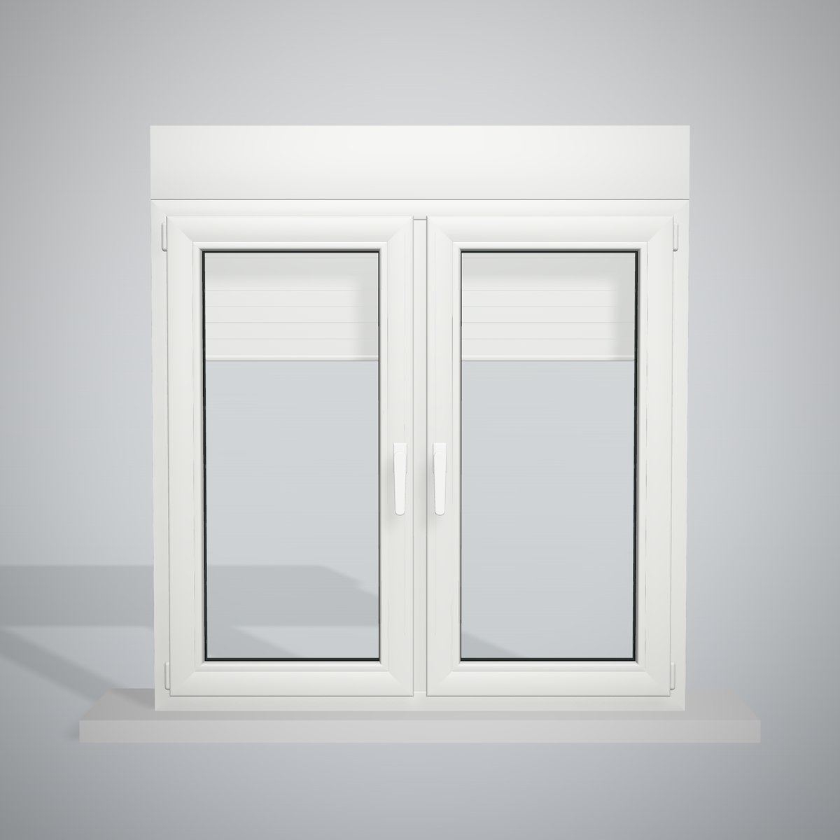 Ventana de PVC blanca de 120 × 115 cm, 2 hojas oscilobatientes con parteluz central, con cajón de persiana, vista de frente