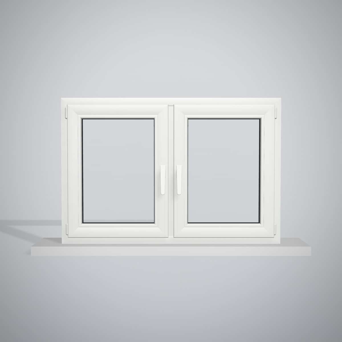 Ventana de PVC blanca de 120 × 80 cm, 2 hojas oscilobatientes con parteluz central, vista de frente