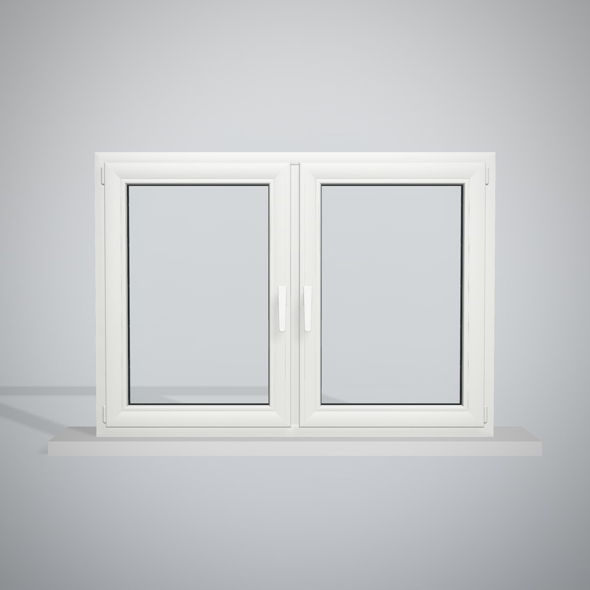 Ventana de PVC blanca de 140 × 100 cm, 2 hojas oscilobatientes con parteluz central, vista de frente