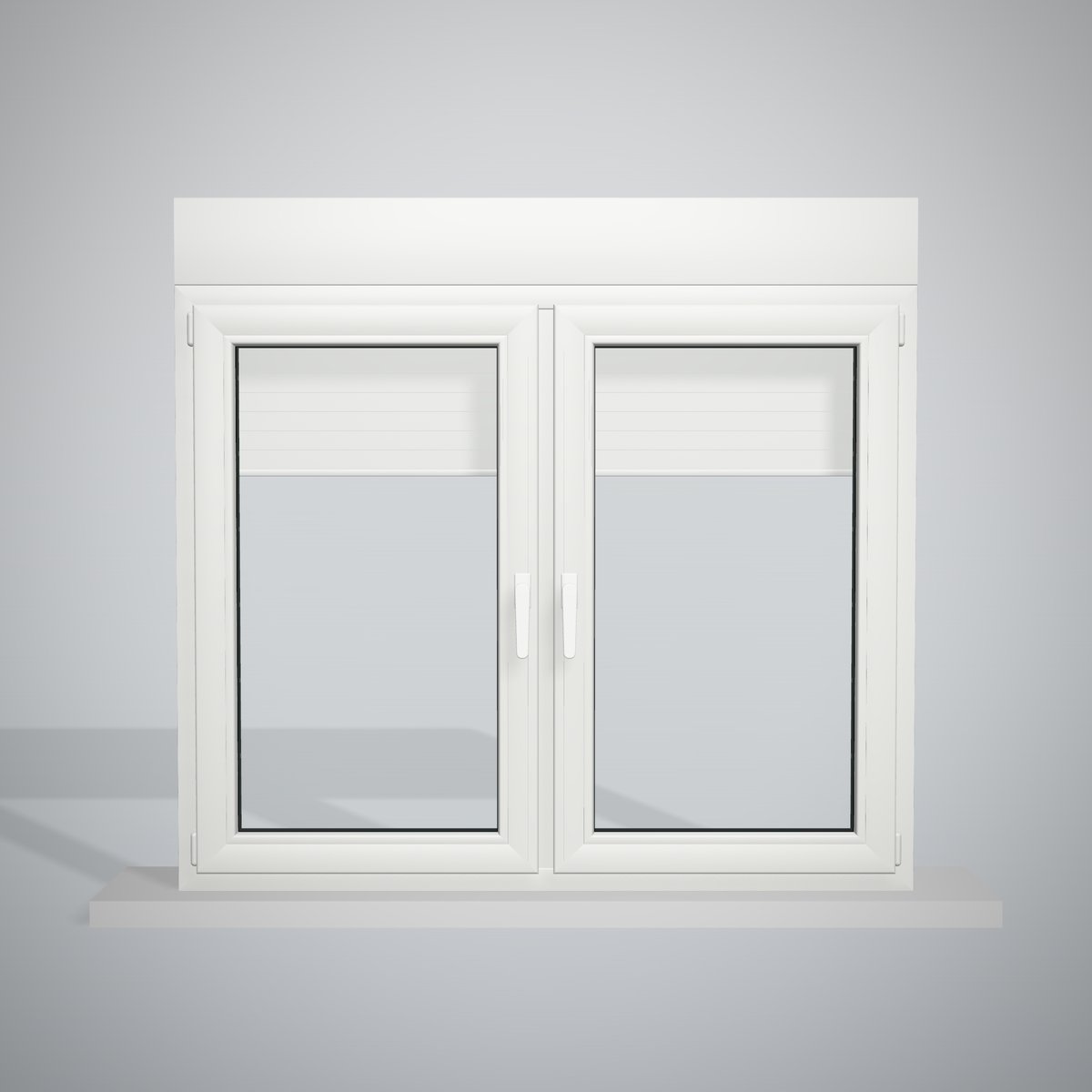 Ventana de PVC blanca de 140 × 115 cm, 2 hojas oscilobatientes con parteluz central, con cajón de persiana, vista de frente