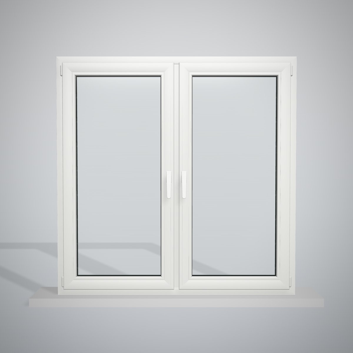 Ventana de PVC blanca de 140 × 140 cm, 2 hojas oscilobatientes con parteluz central, vista de frente