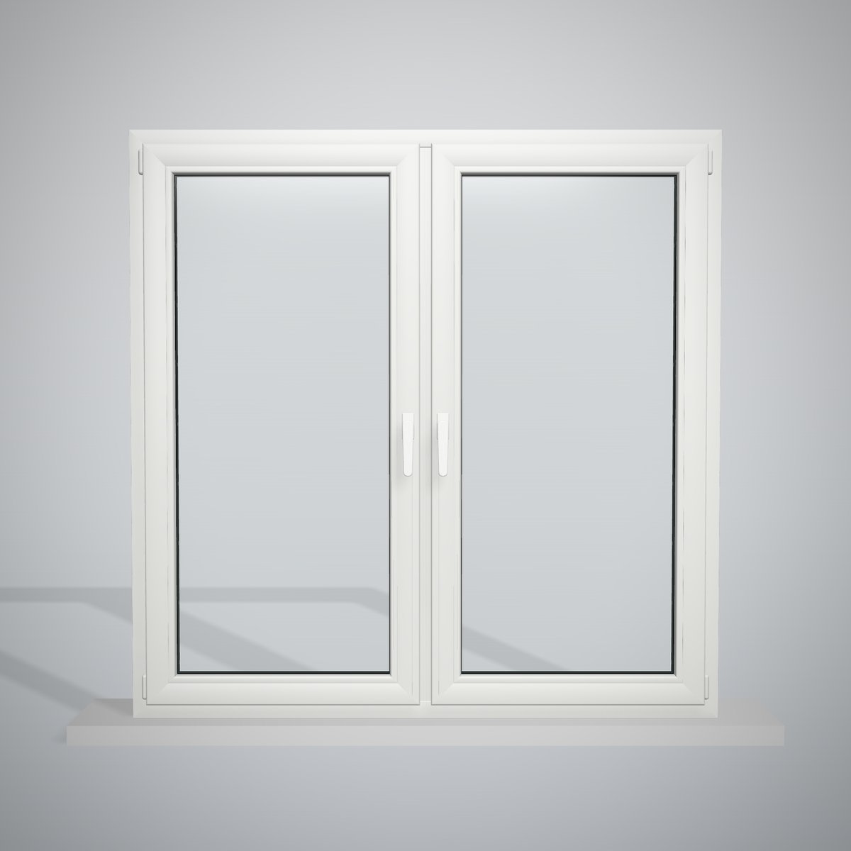Ventana de PVC blanca de 150 × 150 cm, 2 hojas oscilobatientes con parteluz central, vista de frente